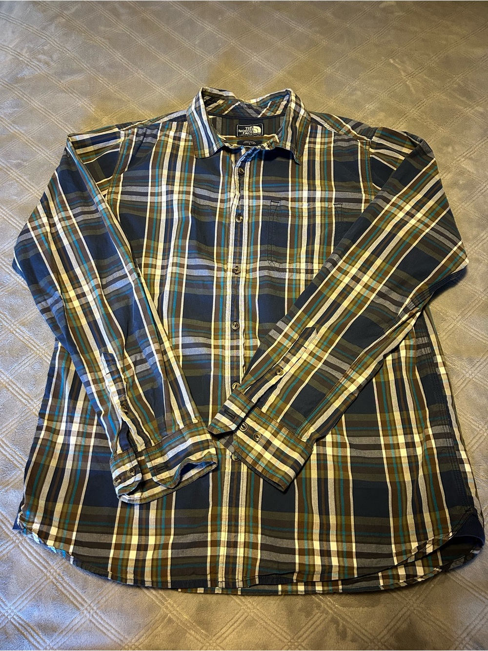 The North Face Men's Navy, Green & White Plaid Button-Down Shirt